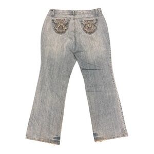 Vintage Y2K 90 Mwah Jeans Mid Rise Medium Wash Embroidered Pockets Bootcut Flare